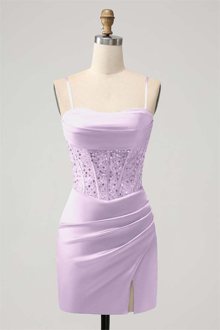 Green Sequins Spaghetti-Straps Short Mini cocktail Dress