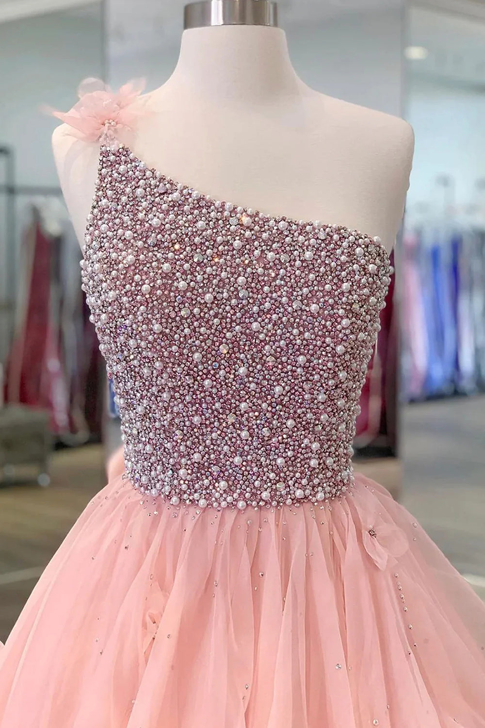Pink Long Prom Dress with Beading Ruffles and One Shoulder A-Line Design
