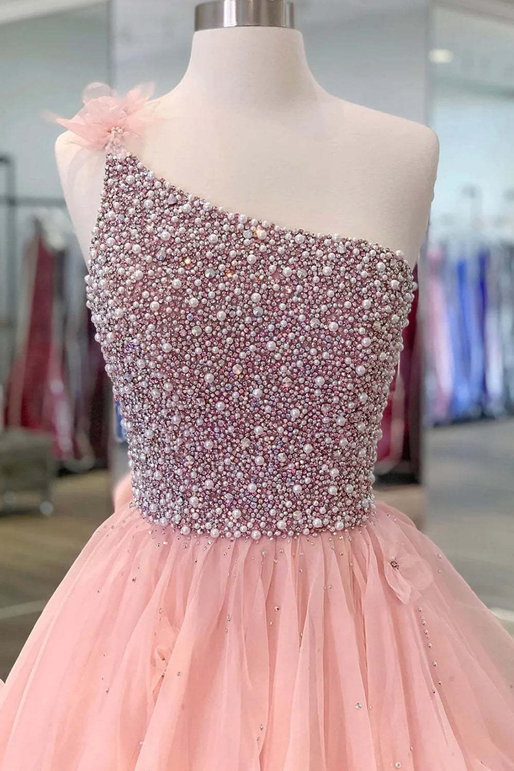 Pink Long Prom Dress with Beading Ruffles and One Shoulder A-Line Design