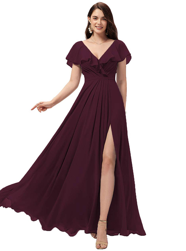 Chiffon Ruffles Bridesmaid Dress with Split