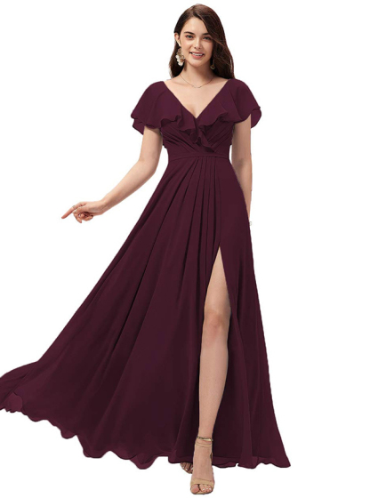 Chiffon Ruffles Bridesmaid Dress with Split