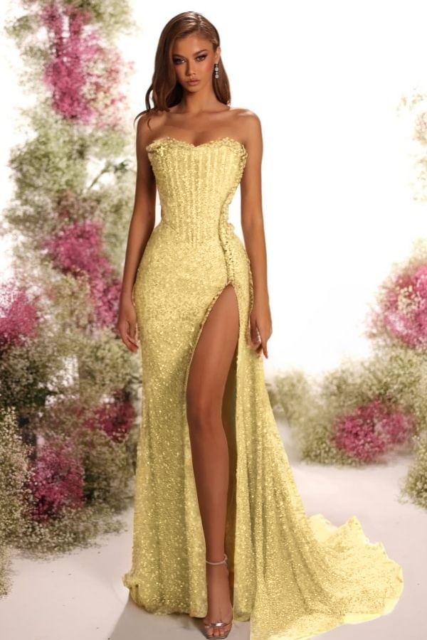 Strapless Sleeveless Long Split Formal Dress With Pleated Sequins