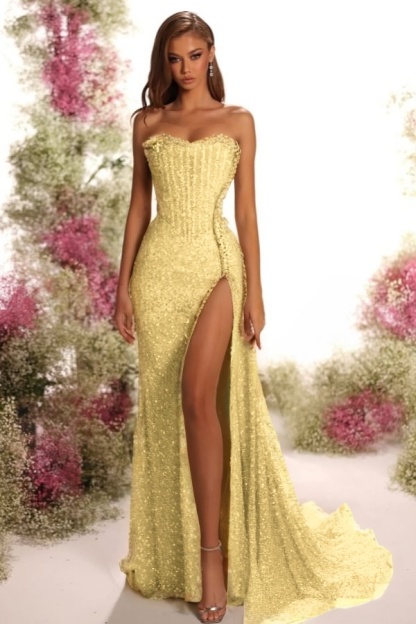 Strapless Sleeveless Long Split Formal Dress With Pleated Sequins