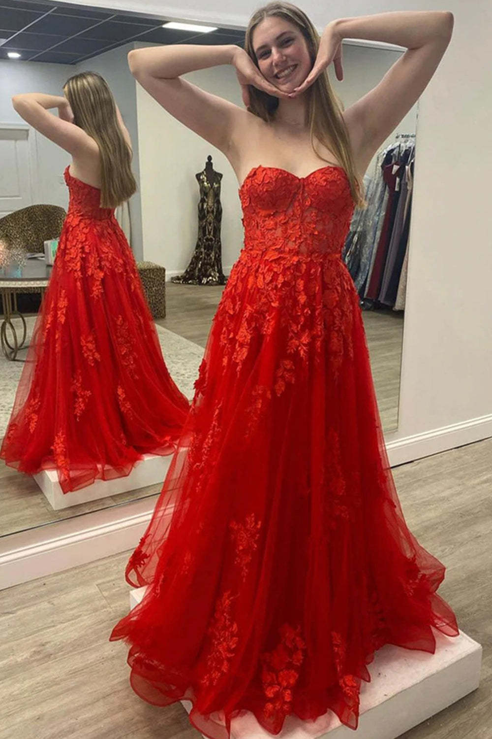 Long Red Prom Dress with Sweetheart Neckline and Appliques