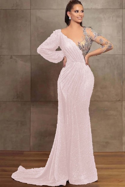 Gorgeous V-Neck Mermaid Evening Dress Long Sleeves With Sequins Beads