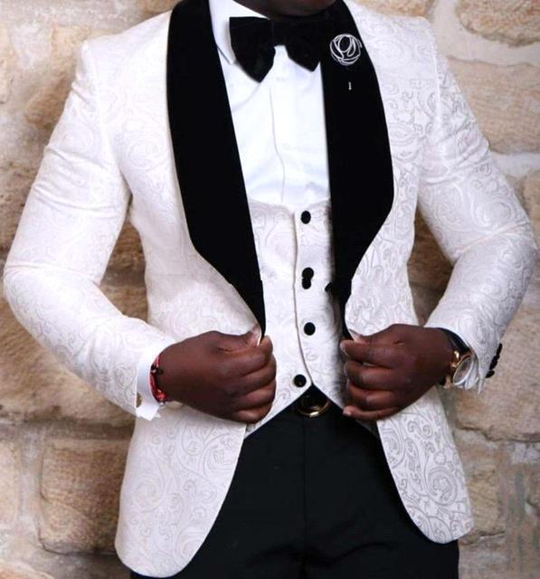 Handsome White Wedding Groom Tuxedos Jacquard Three-Piece Men's Suit