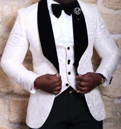 Handsome White Wedding Groom Tuxedos Jacquard Three-Piece Men's Suit