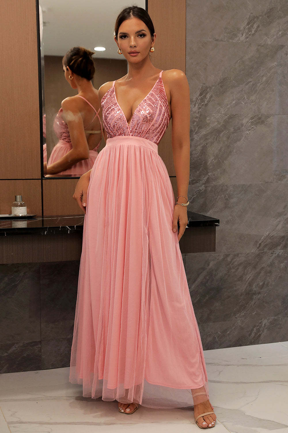 Sequin Party Dress with Green V-neck