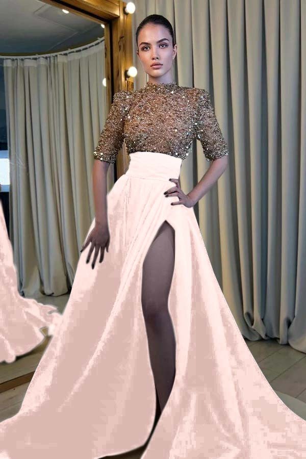 Black And Champagne Long Formal Dress Half Sleeves With High Slit