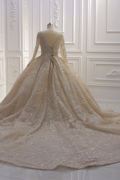 Beautiful Long Sleeves V-Neck Ball Gown Wedding Dress with Sequins Beading Ruffles