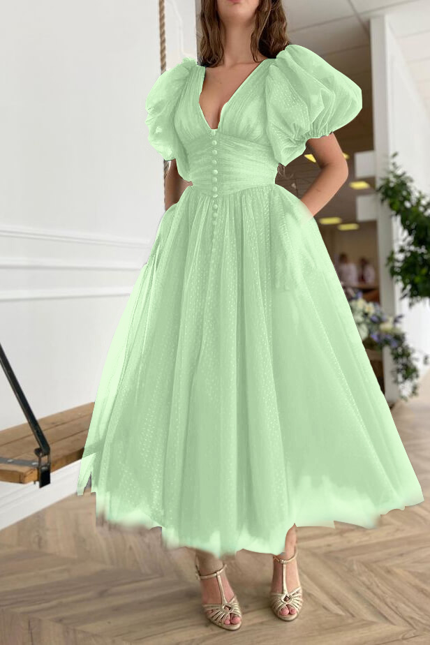 Dark Green Evening Dress A-Line With Short Sleeves V-Neck