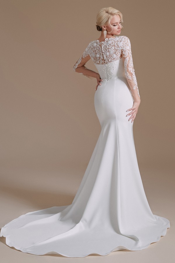 Romantic Mermaid Jewel Satin Lace Long Wedding Dress with Sleeves