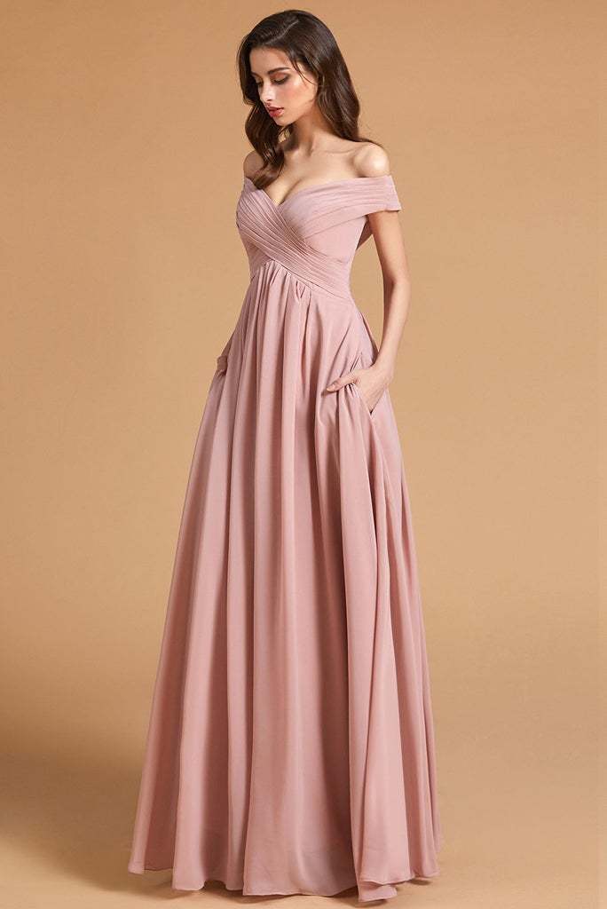 Dusty Rose Off-the-Shoulder Bridesmaid Dress Lace-Up