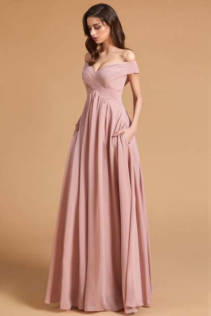 Dusty Rose Off-the-Shoulder Bridesmaid Dress Lace-Up