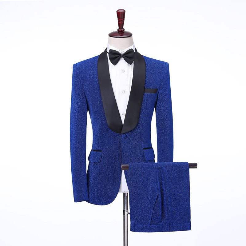 Shiny Slim Fit Kameron Royal Blue Shawl Lapel Wedding Men's Suits