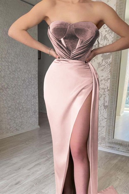 Olive Green Mermaid Strapless Evening Dress With Split