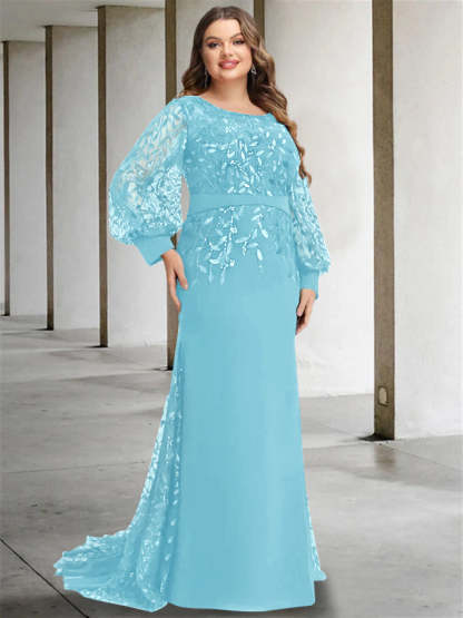 Plus Size Floor-Length Mermaid/Trumpet Mother of the Bride Dress with Scoop Neck and Long Sequined Sleeves