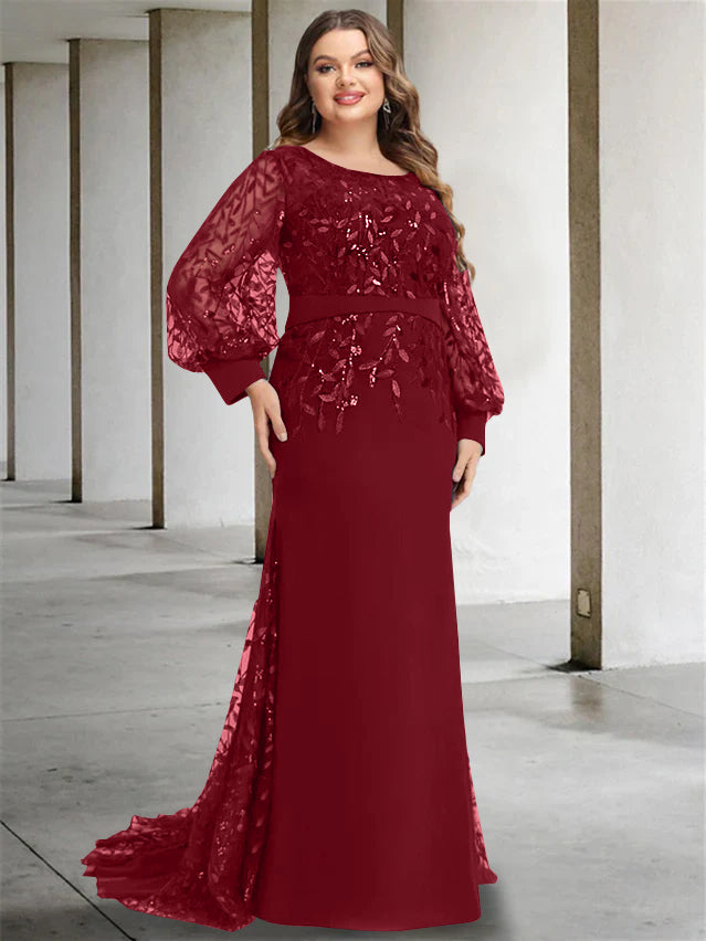 Plus Size Floor-Length Mermaid/Trumpet Mother of the Bride Dress with Scoop Neck and Long Sequined Sleeves