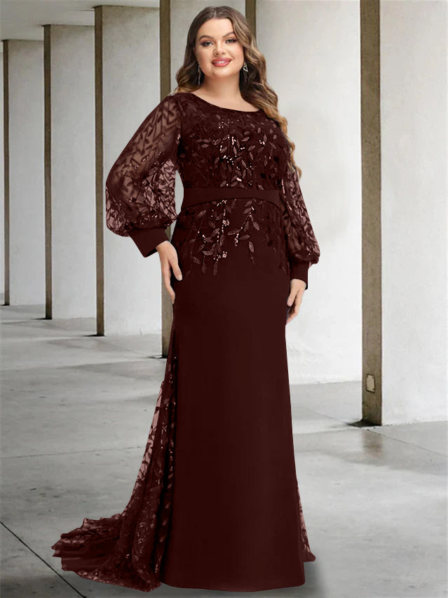 Plus Size Floor-Length Mermaid/Trumpet Mother of the Bride Dress with Scoop Neck and Long Sequined Sleeves