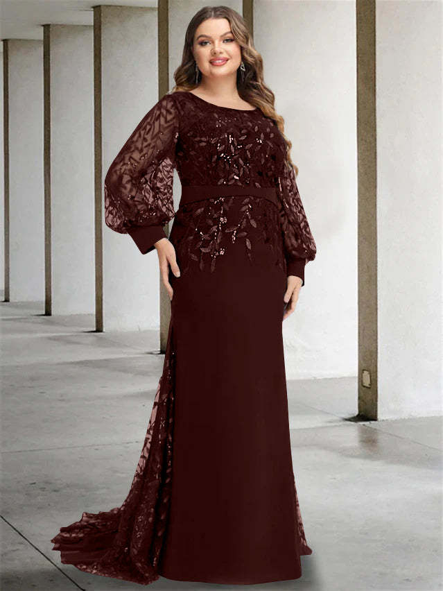 Plus Size Floor-Length Mermaid/Trumpet Mother of the Bride Dress with Scoop Neck and Long Sequined Sleeves