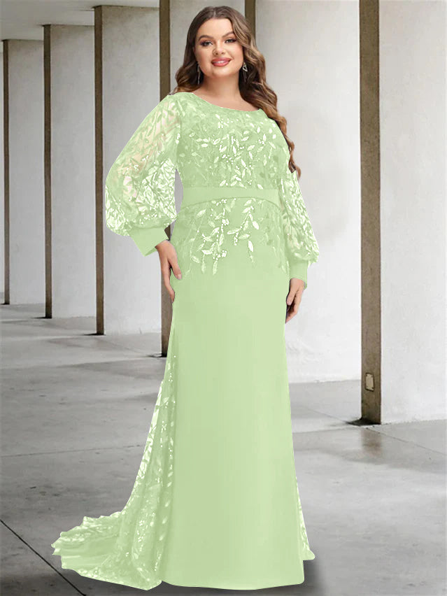 Plus Size Floor-Length Mermaid/Trumpet Mother of the Bride Dress with Scoop Neck and Long Sequined Sleeves