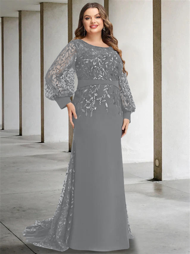 Plus Size Floor-Length Mermaid/Trumpet Mother of the Bride Dress with Scoop Neck and Long Sequined Sleeves