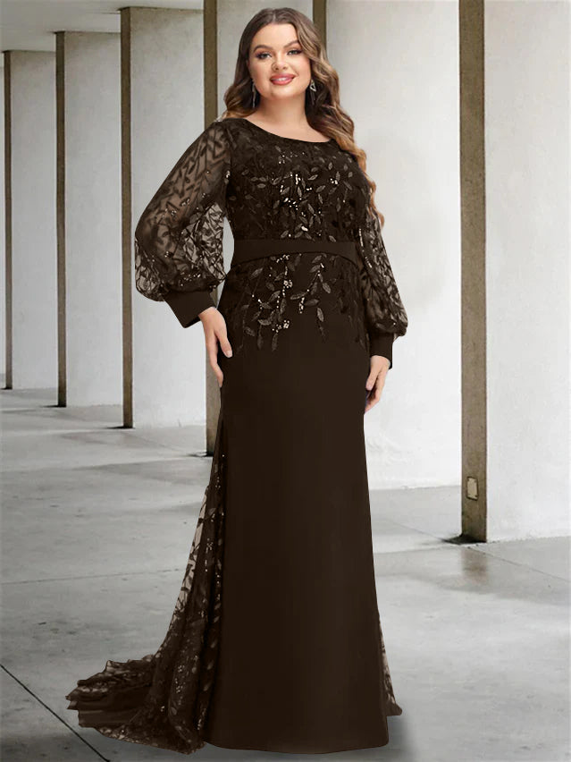 Plus Size Floor-Length Mermaid/Trumpet Mother of the Bride Dress with Scoop Neck and Long Sequined Sleeves