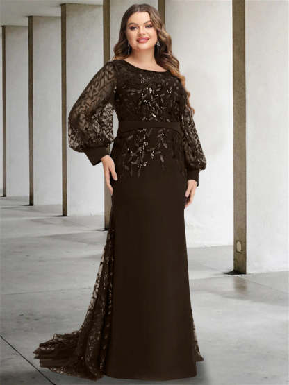 Plus Size Floor-Length Mermaid/Trumpet Mother of the Bride Dress with Scoop Neck and Long Sequined Sleeves