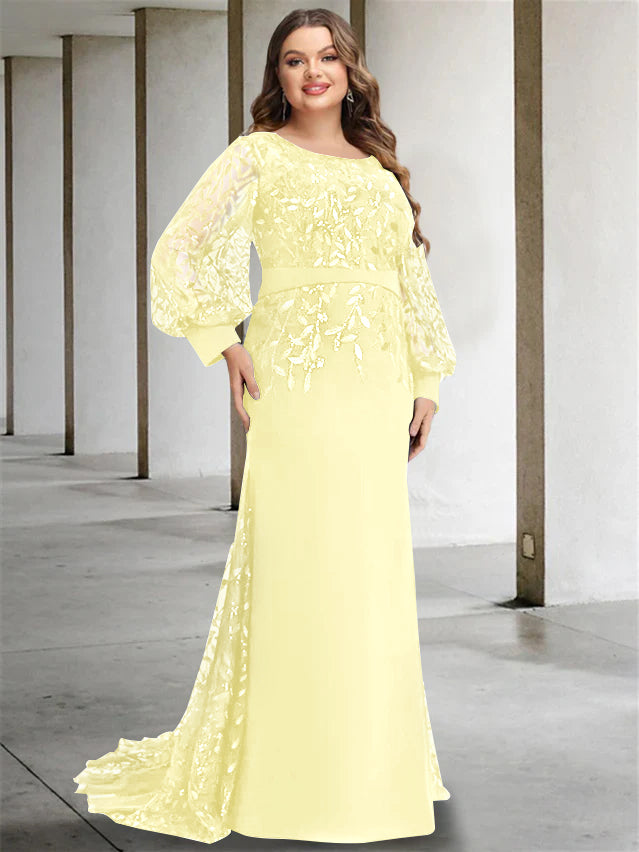Plus Size Floor-Length Mermaid/Trumpet Mother of the Bride Dress with Scoop Neck and Long Sequined Sleeves