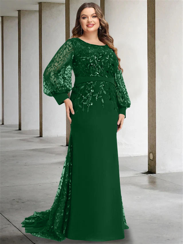 Plus Size Floor-Length Mermaid/Trumpet Mother of the Bride Dress with Scoop Neck and Long Sequined Sleeves