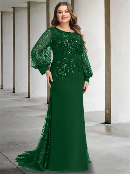 Plus Size Floor-Length Mermaid/Trumpet Mother of the Bride Dress with Scoop Neck and Long Sequined Sleeves