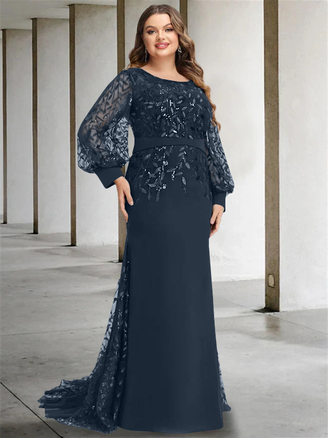Plus Size Floor-Length Mermaid/Trumpet Mother of the Bride Dress with Scoop Neck and Long Sequined Sleeves