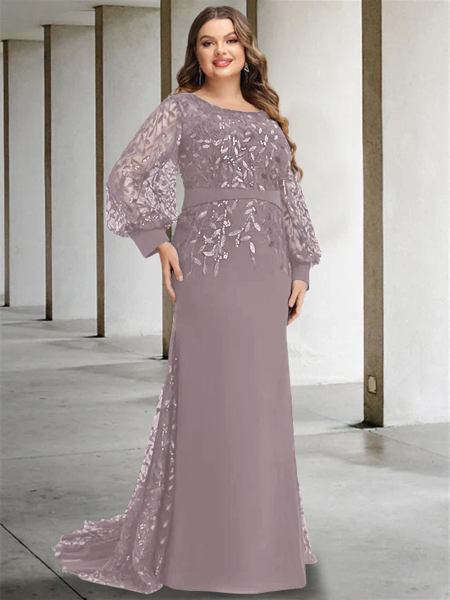 Plus Size Floor-Length Mermaid/Trumpet Mother of the Bride Dress with Scoop Neck and Long Sequined Sleeves