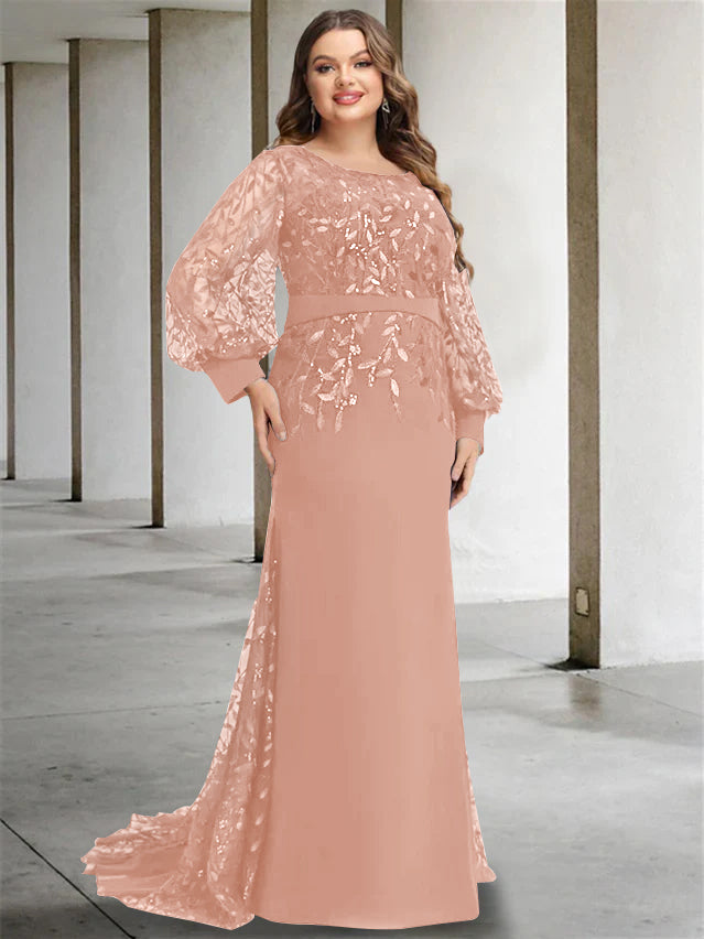 Plus Size Floor-Length Mermaid/Trumpet Mother of the Bride Dress with Scoop Neck and Long Sequined Sleeves