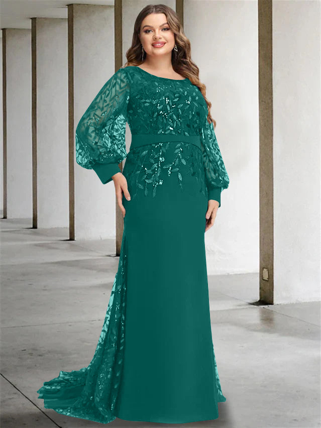 Plus Size Floor-Length Mermaid/Trumpet Mother of the Bride Dress with Scoop Neck and Long Sequined Sleeves