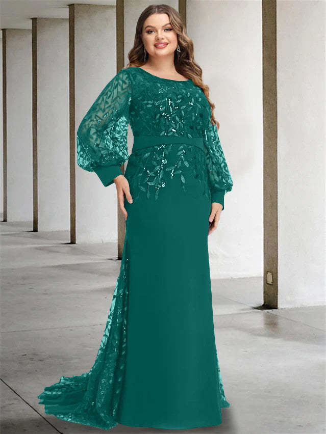 Plus Size Floor-Length Mermaid/Trumpet Mother of the Bride Dress with Scoop Neck and Long Sequined Sleeves