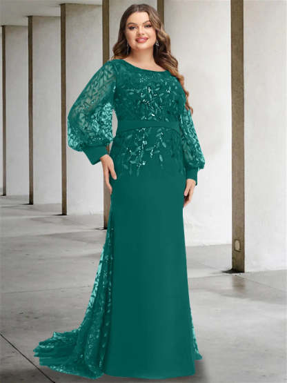 Plus Size Floor-Length Mermaid/Trumpet Mother of the Bride Dress with Scoop Neck and Long Sequined Sleeves
