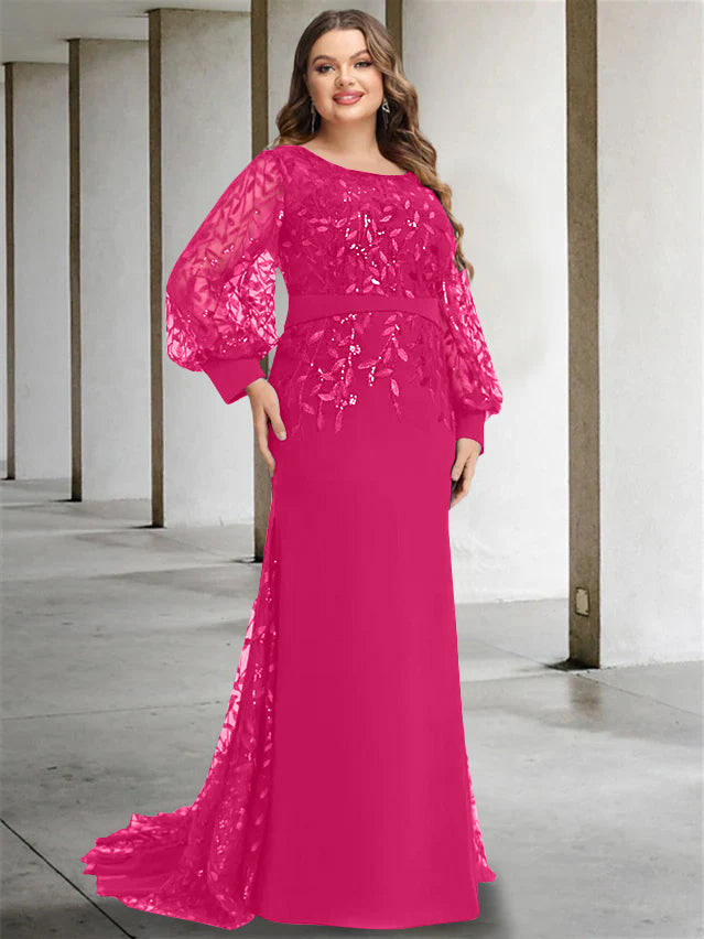 Plus Size Floor-Length Mermaid/Trumpet Mother of the Bride Dress with Scoop Neck and Long Sequined Sleeves