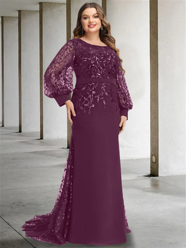 Plus Size Floor-Length Mermaid/Trumpet Mother of the Bride Dress with Scoop Neck and Long Sequined Sleeves