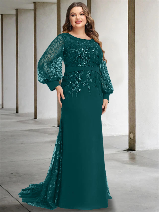 Plus Size Floor-Length Mermaid/Trumpet Mother of the Bride Dress with Scoop Neck and Long Sequined Sleeves