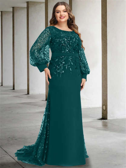 Plus Size Floor-Length Mermaid/Trumpet Mother of the Bride Dress with Scoop Neck and Long Sequined Sleeves