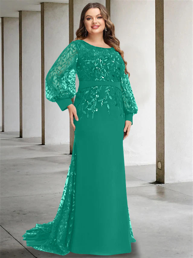 Plus Size Floor-Length Mermaid/Trumpet Mother of the Bride Dress with Scoop Neck and Long Sequined Sleeves