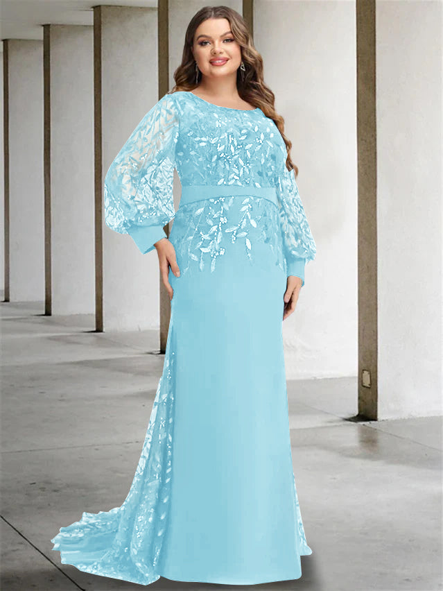 Plus Size Floor-Length Mermaid/Trumpet Mother of the Bride Dress with Scoop Neck and Long Sequined Sleeves