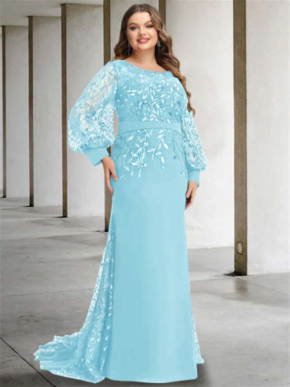 Plus Size Floor-Length Mermaid/Trumpet Mother of the Bride Dress with Scoop Neck and Long Sequined Sleeves