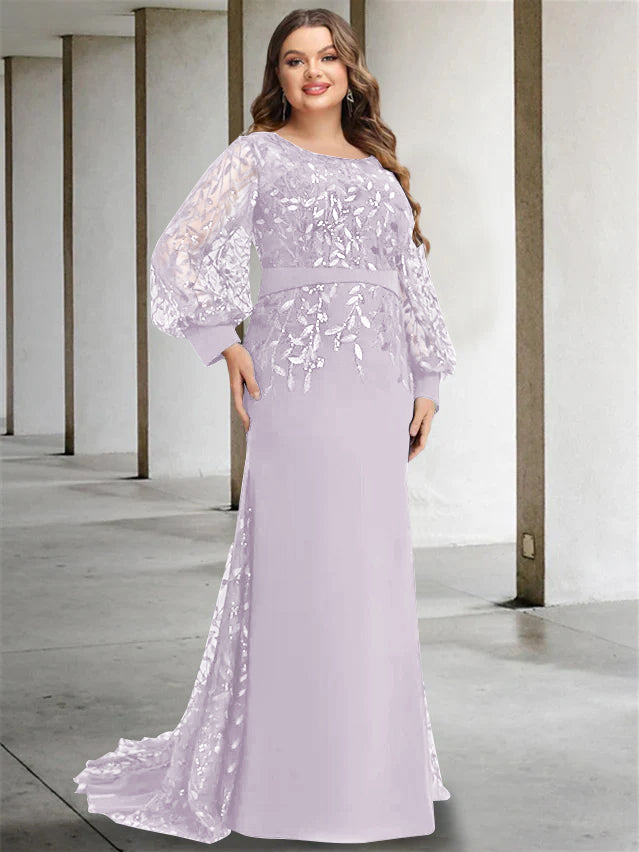 Plus Size Floor-Length Mermaid/Trumpet Mother of the Bride Dress with Scoop Neck and Long Sequined Sleeves