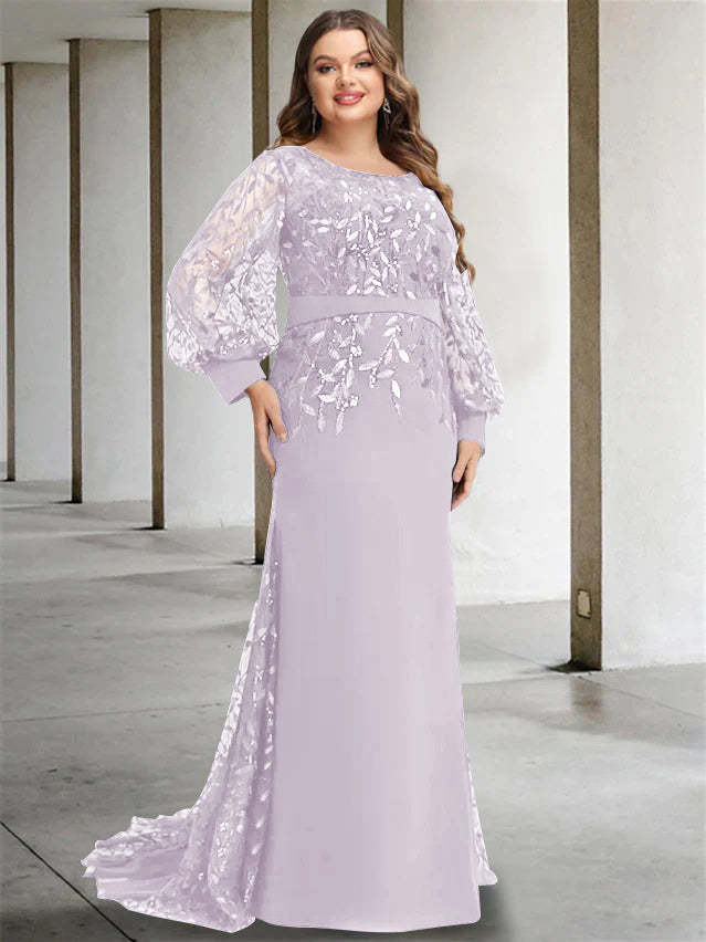 Plus Size Floor-Length Mermaid/Trumpet Mother of the Bride Dress with Scoop Neck and Long Sequined Sleeves