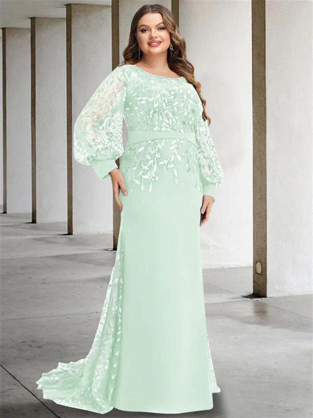 Plus Size Floor-Length Mermaid/Trumpet Mother of the Bride Dress with Scoop Neck and Long Sequined Sleeves