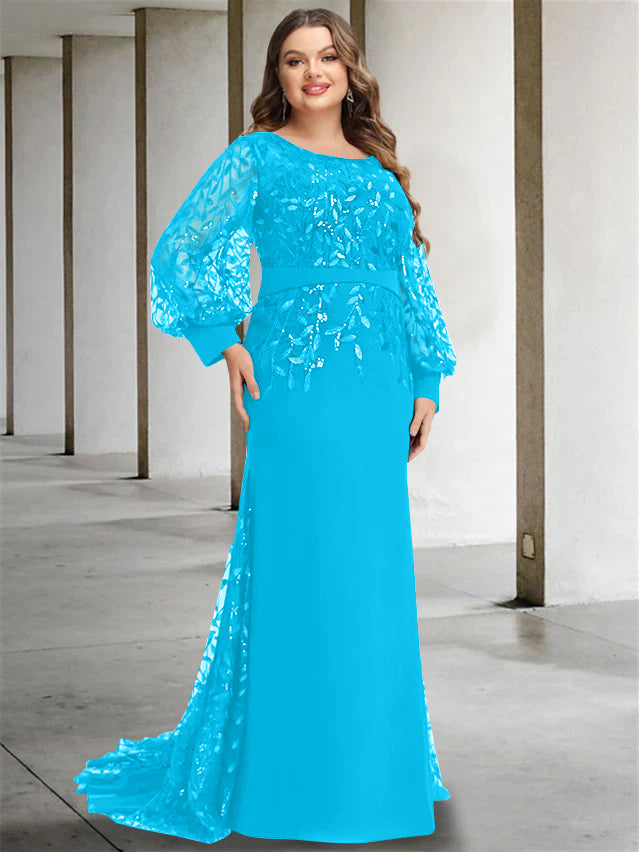 Plus Size Floor-Length Mermaid/Trumpet Mother of the Bride Dress with Scoop Neck and Long Sequined Sleeves