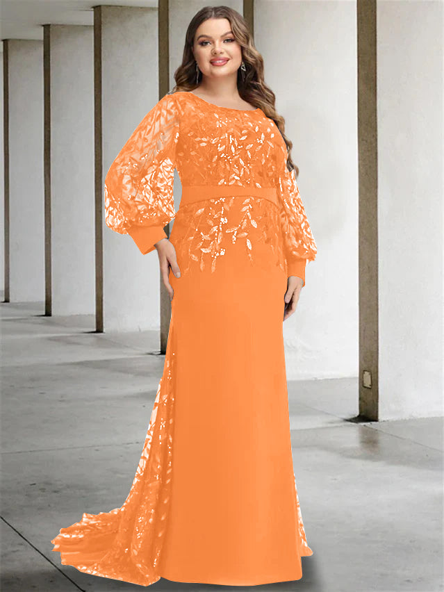 Plus Size Floor-Length Mermaid/Trumpet Mother of the Bride Dress with Scoop Neck and Long Sequined Sleeves