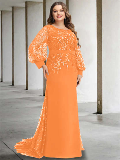Plus Size Floor-Length Mermaid/Trumpet Mother of the Bride Dress with Scoop Neck and Long Sequined Sleeves